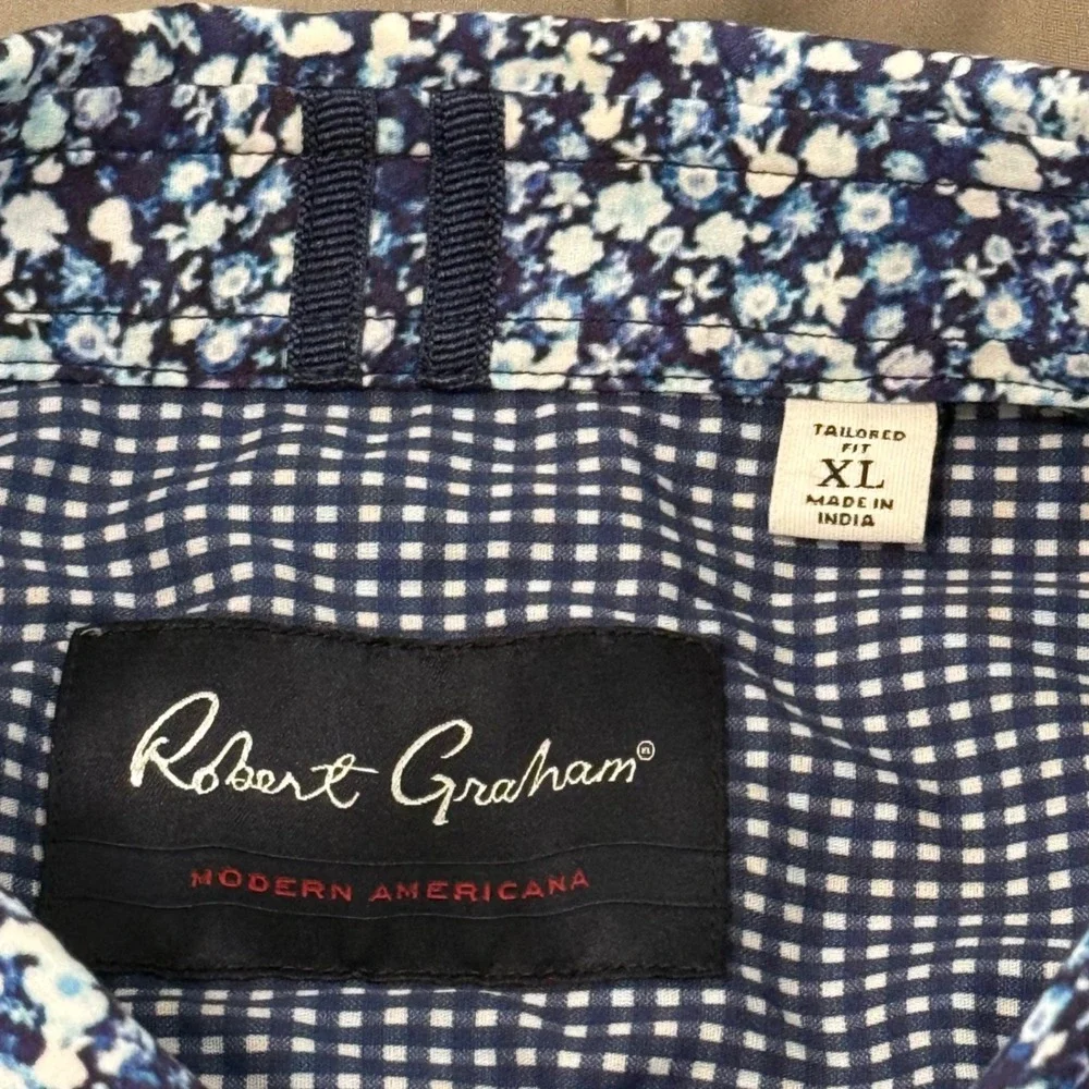 Robert Graham Modern Americana Floral‎ Shirt XL Blue Tailored Fit Short Sleeve